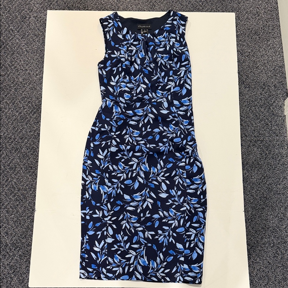Sleeveless Navy Floral Midi Sheath Dress by Studio M
